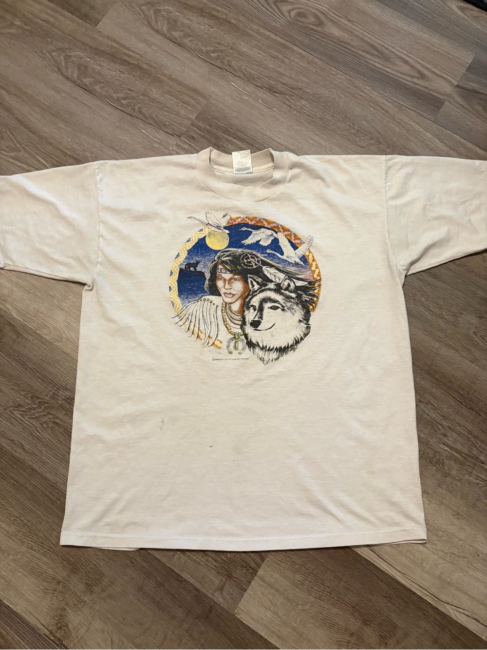 Fruit of the Loom White Graphic Tee with Multicolor Native & Wolf Design